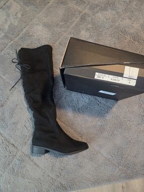 FN JONES 55 Black Knee-High Suede Boot with Back Tie